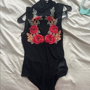 Forever 21 Black Mesh Bodysuit with Red Floral Embroidery